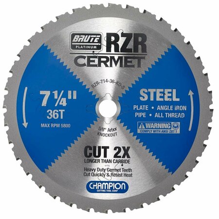 BRUTE PLATINUM 7-1/4in Brute RZR Cermet Tipped Circular Saw Blades for Steel, 36 Teeth, 5/8in KO Arbor CHA RZR-714-36-KO-S